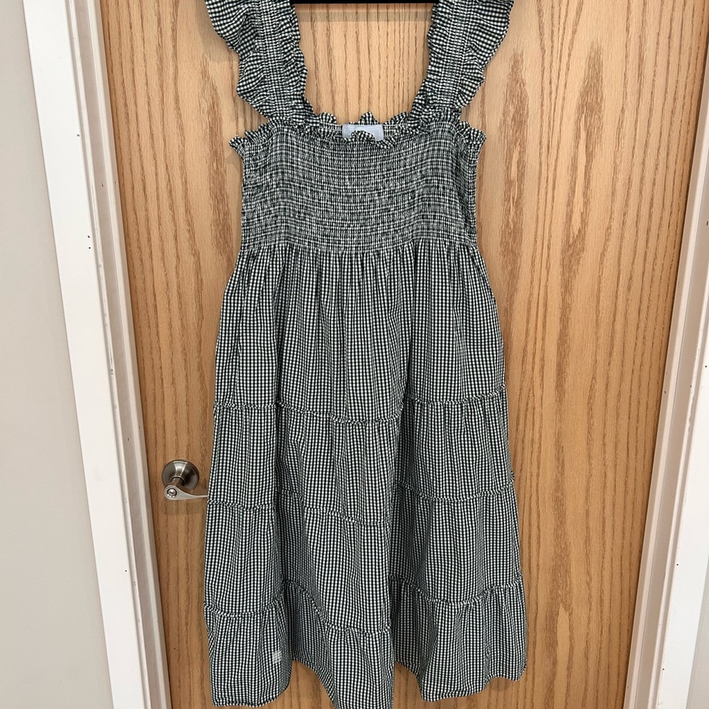 Hill House Gingham Midi Dress in Green and White